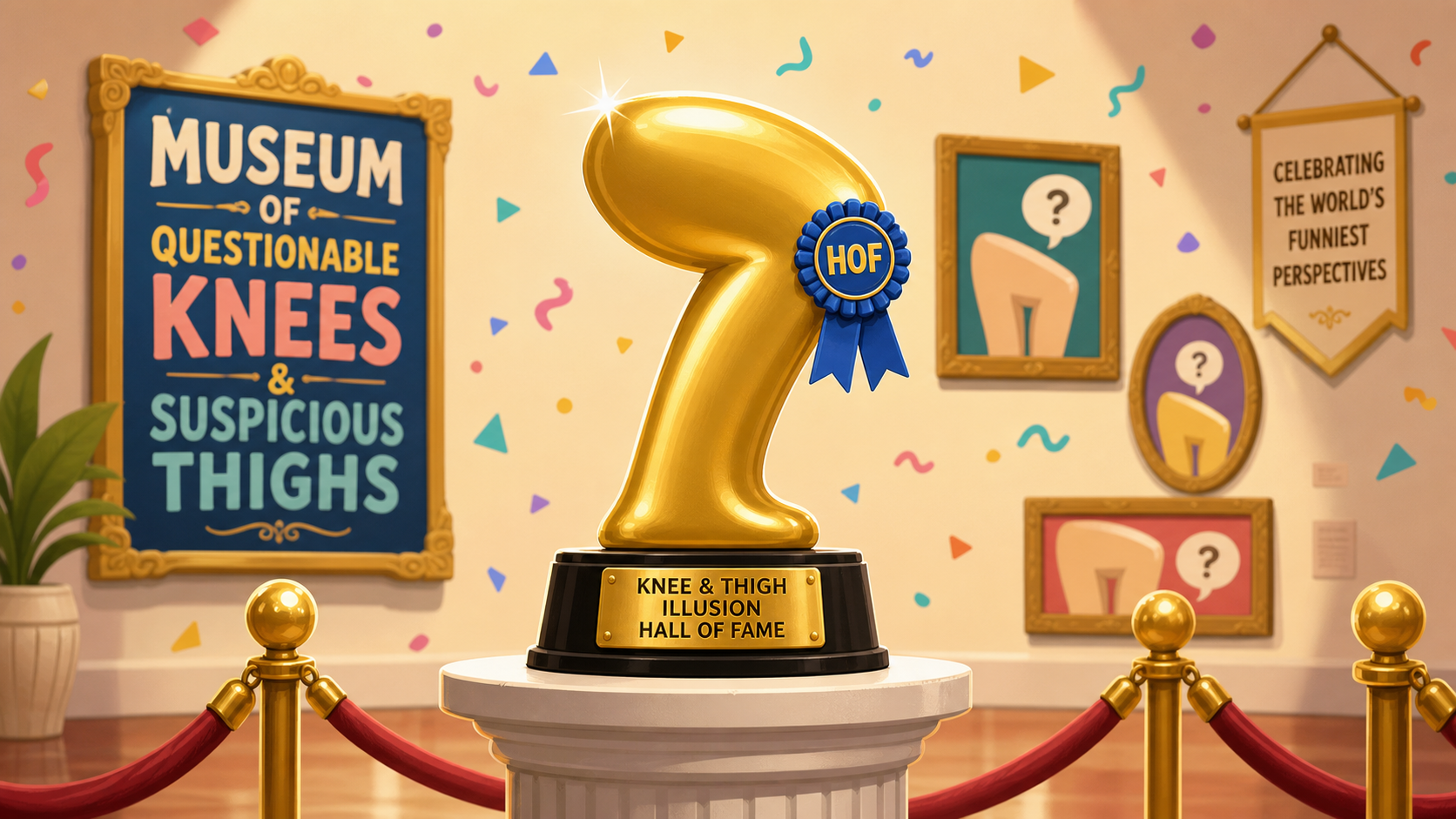 A funny illustrated trophy in a museum gallery for the Hall of Fame
